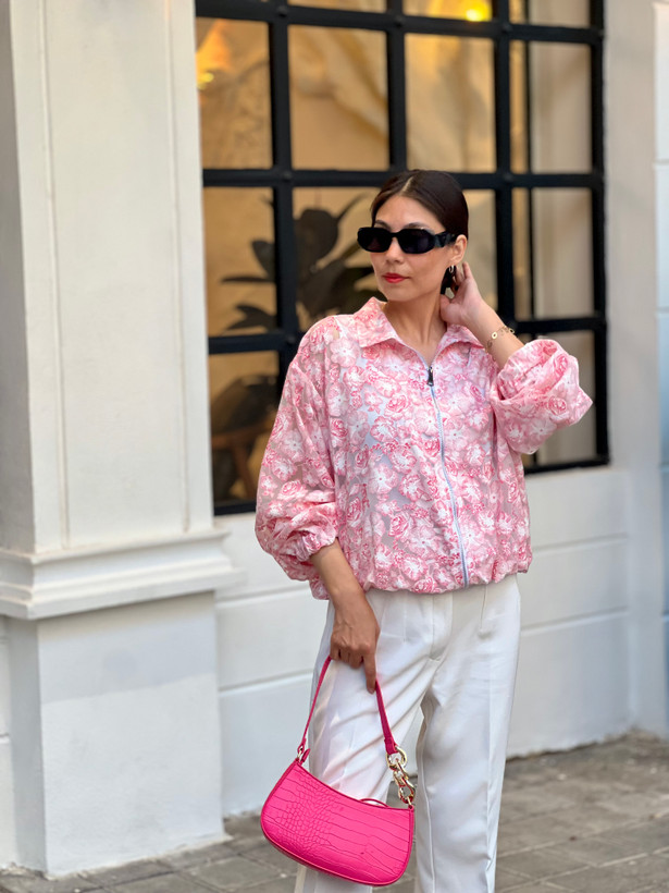 بامبر حریر شیشه گلدار صورتی مدل Blossom Pink