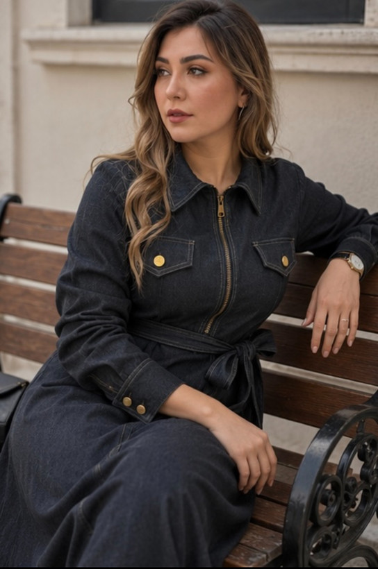 پیراهن جین زغالی زنانه آستینبلند کمردار
